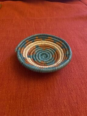 Handwoven Decorative Bowl - Teal, Cream & Brown